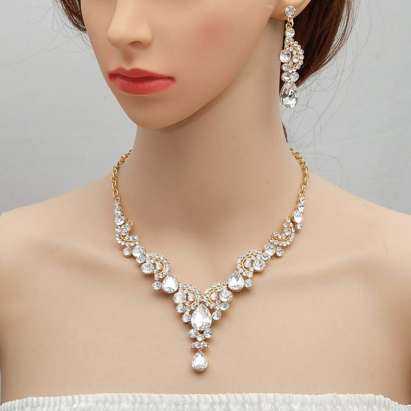 CSY 4 Pcs/Sets Elegant Crystal Necklace Earrings Bracelet Ring Bridal Wedding Costume Jewelry Sets for Brides Women Gifts (Gold Plated-White) - Image 4